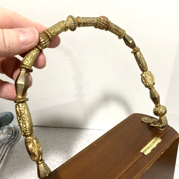 Vintage 1970's Cigar Box Purse Wood Case with Gold Beaded Top Loop Handle FLAW - Picture 12 of 13